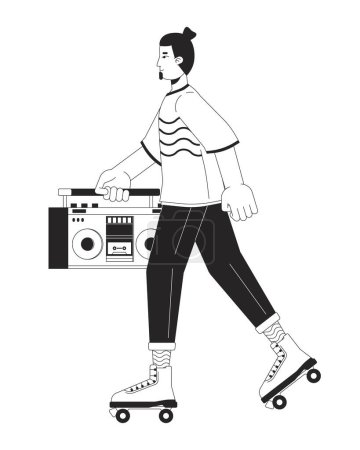 Illustration for Rollerblading with boom box black and white cartoon flat illustration. Caucasian male 80s riding roller skates 2D lineart character isolated. Eighties nostalgia monochrome scene vector outline image - Royalty Free Image