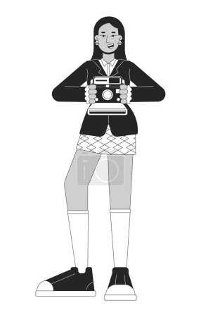 Illustration for Highschool girl photographer old-fashioned black and white cartoon flat illustration. Arab female 80s taking photos 2D lineart character isolated. Nostalgia monochrome scene vector outline image - Royalty Free Image