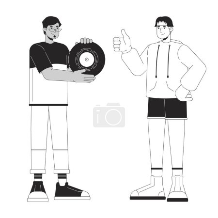Illustration for Showing off vinyl record black and white cartoon flat illustration. Best friends male retro enthusiasts diverse 2D lineart characters isolated. Nostalgia fashion monochrome scene vector outline image - Royalty Free Image