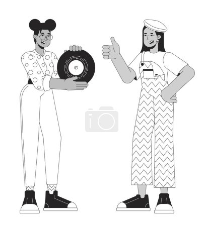 Illustration for Showing off phonograph record black and white cartoon flat illustration. 80s lovers friends diverse 2D lineart characters isolated. Approval thumb up. Nostalgia monochrome scene vector outline image - Royalty Free Image