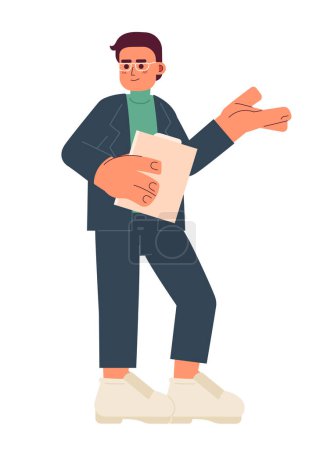Illustration for Glasses male lawyer business casual 2D cartoon character. Asian man professional isolated vector person white background. Real estate broker friendly holding papers color flat spot illustration - Royalty Free Image