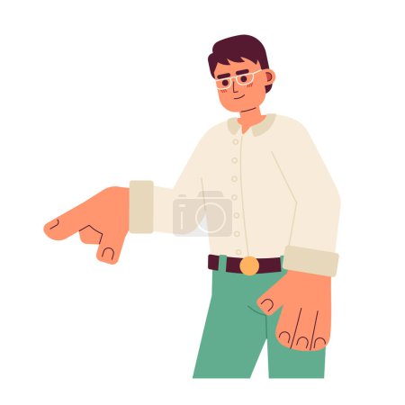 Illustration for Eyeglasses asian adult man reveal forefinger 2D cartoon character. Glasses japanese guy isolated vector person white background. Korean male showing direction gesture color flat spot illustration - Royalty Free Image