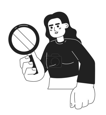 Illustration for Female detective magnifying glass black and white 2D cartoon character. Researcher young woman south asian isolated vector outline person. Indian lady with loupe monochromatic flat spot illustration - Royalty Free Image