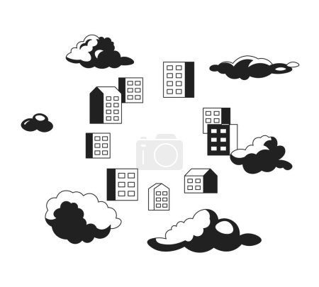 Téléchargez les illustrations : Condominium bâtiments résidentiels dans les nuages noir et blanc objet de dessin animé 2D. Boîtier de rêve élément vectoriel isolé contour. Zone résidentielle. Voisinage future illustration monochromatique de tache plate - en licence libre de droit
