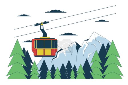 Téléchargez les illustrations : Gondole skilift montagne forêt ligne dessin animé plat illustration. Ascenseur ski ascenseur 2D linéaires paysage isolé sur fond blanc. Station de ski hiver saison scène vecteur couleur image - en licence libre de droit