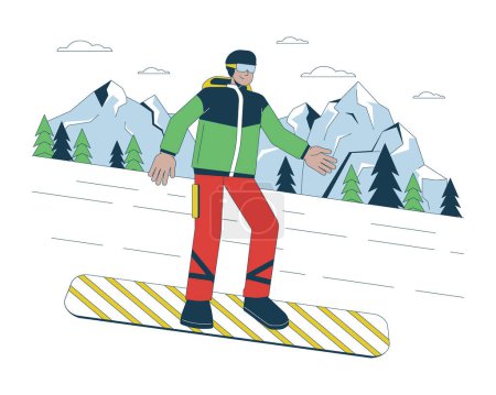 Téléchargez les illustrations : Snowboard descente sports d'hiver ligne dessin animé plat illustration. Extrême snowboarder descendant la colline 2D caractère linéaire isolé sur fond blanc. Image couleur vectorielle de scène de sport d'hiver - en licence libre de droit