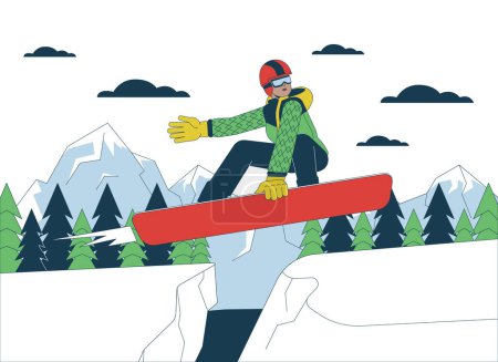 Illustration for Snowboarder jumping on mountain slope line cartoon flat illustration. Black woman performing trick on snowboard 2D lineart character isolated on white background. Wintersport scene vector color image - Royalty Free Image