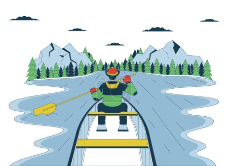 Ilustración de Invierno temporada de navegación línea de dibujos animados ilustración plana. Nieve kayak. Pescador latino barco de pesca 2D carácter lineal aislado sobre fondo blanco. Deportes acuáticos escena vector color imagen - Imagen libre de derechos