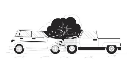 Illustration for Head-on collision automobiles black and white 2D line cartoon object. Crash bumper. Transports traffic accident isolated vector outline item. Vehicles damaged monochromatic flat spot illustration - Royalty Free Image