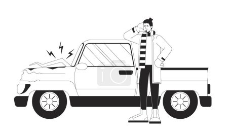 Illustration for Caucasian sad man near broken vehicle black and white 2D line cartoon character. Frustrated european guy isolated vector outline person. Accident automobile monochromatic flat spot illustration - Royalty Free Image