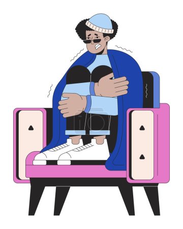 Téléchargez les illustrations : Latino homme dans le fauteuil assis sous couverture personnage de dessin animé linéaire 2D. Gel gars frissonnant isolé ligne vecteur personne fond blanc. Illustration de taches plates couleur températures froides - en licence libre de droit