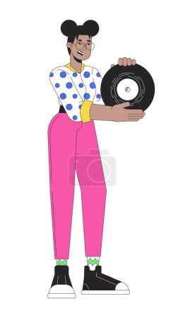 Illustration for African american girl holding vinyl record 2D linear cartoon character. Gen z black woman enjoying retro music isolated line vector person white background. Nostalgia color flat spot illustration - Royalty Free Image