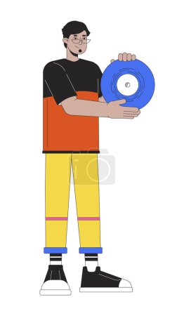 Illustration for Smiling arab man holding vinyl record 2D linear cartoon character. Millennial guy enjoying retro music isolated line vector person white background. Nostalgia memories color flat spot illustration - Royalty Free Image