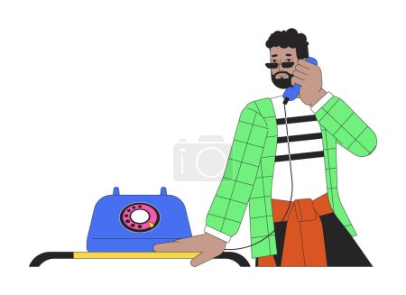 Illustration for African american man holding telephone receiver 2D linear cartoon character. Retro phone conversation black guy isolated line vector person white background. Nostalgic color flat spot illustration - Royalty Free Image