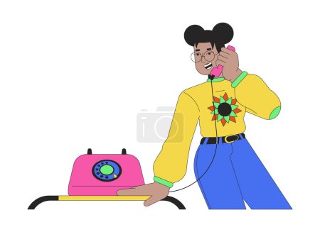Illustration for Black eyeglasses girl talking telephone receiver 2D linear cartoon character. African american female isolated line vector person white background. Nostalgia memories color flat spot illustration - Royalty Free Image