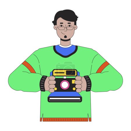 Illustration for Cheerful arab man holding retro camera 2D linear cartoon character. Middle eastern guy taking photo isolated line vector person white background. Nostalgia memories color flat spot illustration - Royalty Free Image