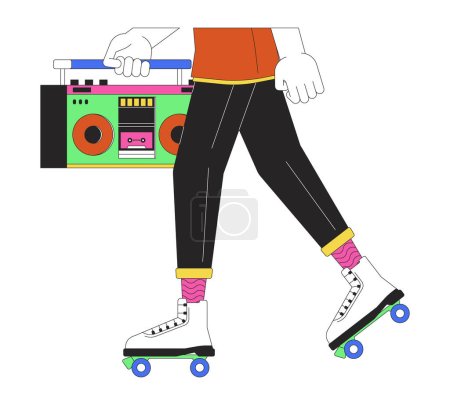 Illustration for Male roller skater holding boombox 2D linear cartoon legs close-up. 80s caucasian man isolated line vector hands closeup white background. Rollerskating with audio system color flat spot illustration - Royalty Free Image