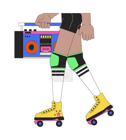 Illustration for Female roller skater carrying boombox 2D linear cartoon legs close-up. Black girl isolated line vector hands closeup white background. Skating with vintage audio equipment color flat spot illustration - Royalty Free Image