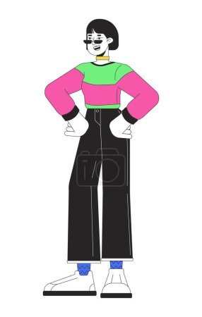 Illustration for Cool korean woman hands on hips 2D linear cartoon character. 80s street style asian young adult female isolated line vector person white background. Nostalgia fashionable color flat spot illustration - Royalty Free Image