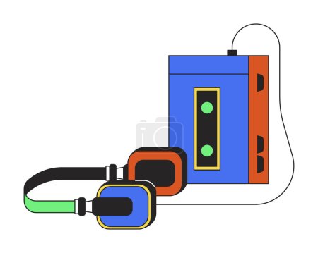 Illustration for Portable cassette tape player with headphones 2D linear cartoon object. Vintage 80s audio recorder isolated line vector element white background. Music old-fashioned color flat spot illustration - Royalty Free Image