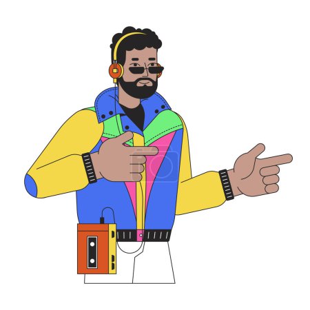 Illustration for African american man 80s finger guns gesture 2D linear cartoon character. Black bearded male isolated line vector person white background. 90s nostalgia lifestyle color flat spot illustration - Royalty Free Image