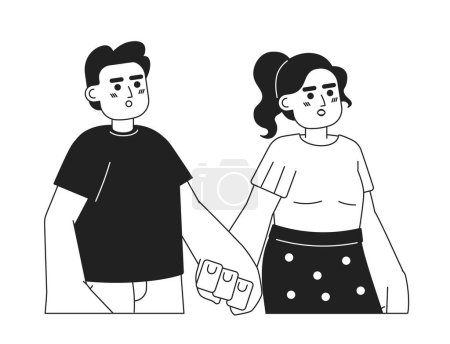Illustration for Latin american husband wife holding hands black and white 2D cartoon characters. Hispanic young adults couple opened mouth isolated vector outline people. Romantic monochromatic flat spot illustration - Royalty Free Image
