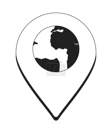 Illustration for Planet earth location pinpoint black and white 2D cartoon object. Discovering traveling pin isolated vector outline item. World map exploration. Direction monochromatic flat spot illustration - Royalty Free Image