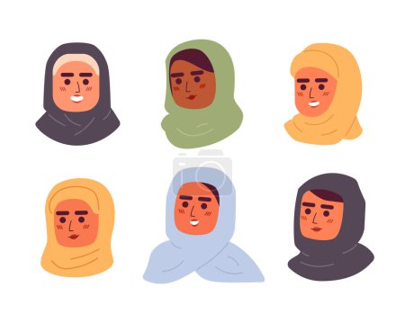 Ilustración de Moda musulmana 2D vector avatares conjunto de ilustración. Bufanda hijab mujeres personajes de dibujos animados bastante caras paquete de retratos. Pañuelo para la cabeza femenino color plano usuarios perfil imágenes aisladas sobre fondo blanco - Imagen libre de derechos