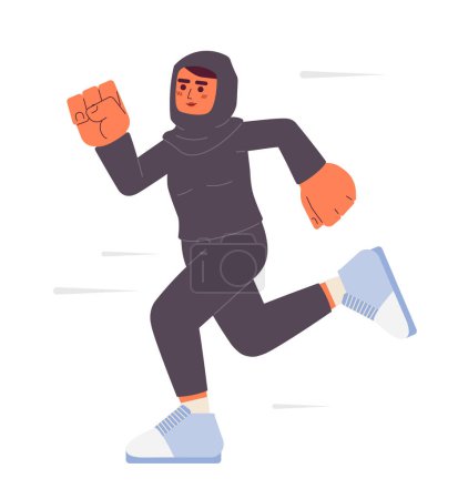 Illustration for Muslim female athlete jogging cartoon flat illustration. Running in hijab sportswoman 2D character isolated on white background. Healthy lifestyle. Arab woman runner marathon scene vector color image - Royalty Free Image