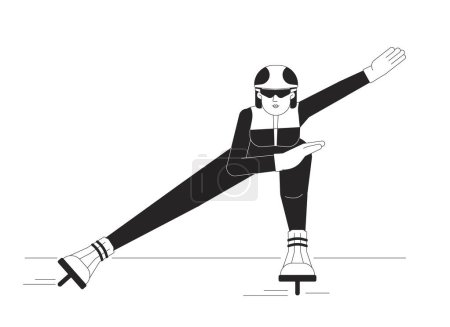 Illustration for Ice speed skater woman black and white cartoon flat illustration. Short track speedskate sportswoman asian 2D lineart character isolated. Competitive wintersport monochrome scene vector outline image - Royalty Free Image
