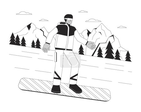 Téléchargez les illustrations : Snowboard descente sports d'hiver noir et blanc dessin animé plat illustration. Extrême snowboarder descendant la colline 2D caractère linéaire isolé. Image de contour vectoriel de scène monochrome Wintersport - en licence libre de droit