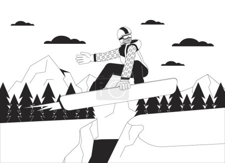 Téléchargez les illustrations : Snowboarder sautant sur la pente de montagne dessin animé noir et blanc illustration plate. Fille noire effectuant tour à bord personnage linéaire 2D isolé. Image de contour vectoriel de scène monochrome Wintersport - en licence libre de droit