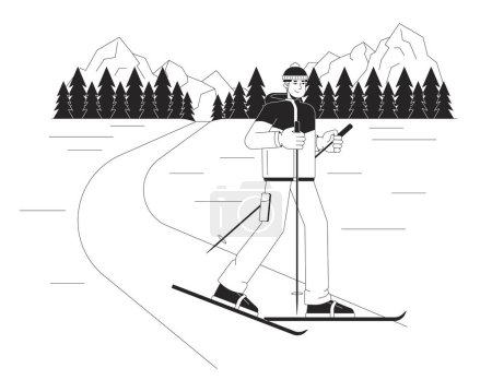 Illustration for Winter landscape skiing black and white cartoon flat illustration. Asian male skier snow sport 2D lineart character isolated. Skiing freestyle. Wintersport monochrome scene vector outline image - Royalty Free Image