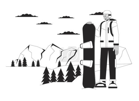 Illustration for Snowboarder standing on ski resort black and white cartoon flat illustration. Middle eastern man snowboarding vacation 2D lineart character isolated. Wintersport monochrome scene vector outline image - Royalty Free Image