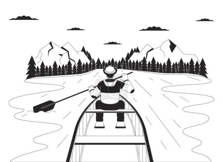 Illustration for Winter boating season black and white cartoon flat illustration. Kayaking snow. Latino fisherman fishing boat 2D lineart character isolated. Watersports activity monochrome scene vector outline image - Royalty Free Image