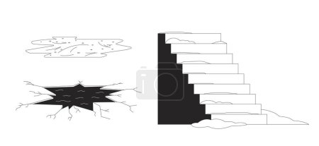 Illustration for Outdoor winter weather hazards black and white 2D line cartoon objects set. Slippery stairs, broken ice hole, frozen puddle isolated vector outline items pack. Monochromatic flat spot illustrations - Royalty Free Image
