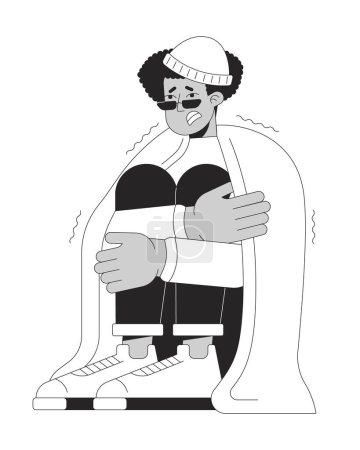 Téléchargez les illustrations : Hispanique gars frissons sous couverture noir et blanc personnage de bande dessinée ligne 2D. Homme latino-américain tremblant sans chauffage isolé vecteur contour personne. Illustration de taches plates monochromatiques de frissons - en licence libre de droit