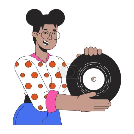 Illustration for African american girl showing vinyl record 2D linear cartoon character. Gen z black woman retro music lover isolated line vector person white background. Nostalgia hobby color flat spot illustration - Royalty Free Image