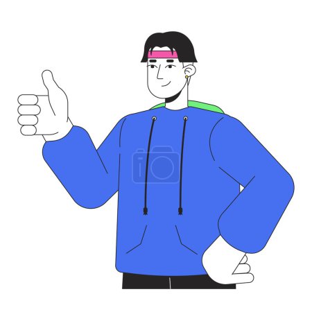 Illustration for Retro inspired gen z man giving thump up 2D linear cartoon character. Handsome korean male showing support isolated line vector person white background. Nostalgia gesture color flat spot illustration - Royalty Free Image