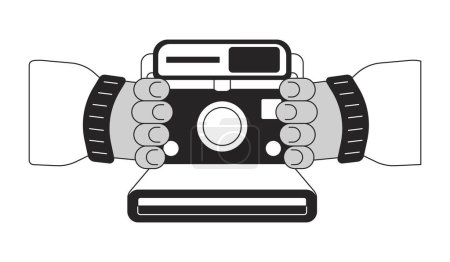 Illustration for Holding retro instant camera cartoon human hands outline illustration. Vintage pictures taking 2D isolated black and white vector image. Using photocamera old flat monochromatic drawing clip art - Royalty Free Image