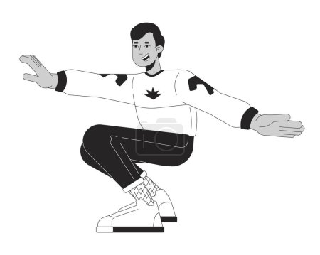 Illustration for South asian male break dance performer black and white 2D line cartoon character. Squatting man indian breakdancer isolated vector outline person. Nostalgia time monochromatic flat spot illustration - Royalty Free Image