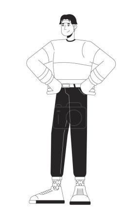 Illustration for Confident hands on hips korean guy black and white 2D line cartoon character. Casual 80s outfit asian man posing isolated vector outline person. Nostalgia fashion monochromatic flat spot illustration - Royalty Free Image