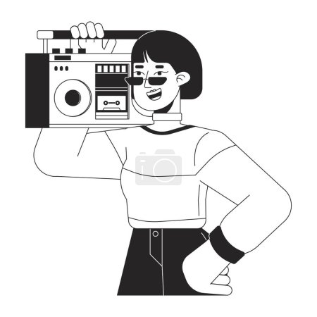 Ilustración de Cool chica asiática llevando boombox en el hombro negro y blanco 2D línea personaje de dibujos animados. 80 gafas de sol mujer joven aislado vector contorno persona. Música retro monocromática plana punto ilustración - Imagen libre de derechos
