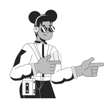 Ilustración de Chica afroamericana 90s dedos señalando fresco negro y blanco 2D línea personaje de dibujos animados. Gafas de sol femeninas negras aisladas vector contorno persona. Estilo de vida de los años 80 ilustración plana monocromática - Imagen libre de derechos