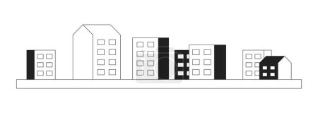 Illustration for Apartment complex black and white 2D cartoon object. Residential area. Block of flats isolated vector outline item. Condominium city. High rise buildings urban monochromatic flat spot illustration - Royalty Free Image