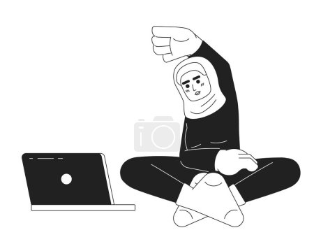 Illustration for Muslim fitness blogger black and white cartoon flat illustration. Yoga laptop. Hijab woman stretching work out linear 2D character isolated. Home workout notebook monochromatic scene vector image - Royalty Free Image