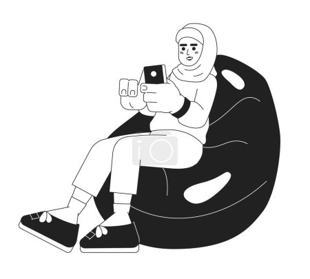Téléchargez les illustrations : Femme musulmane assis haricot avec téléphone noir et blanc dessin animé plat illustration. Détente fille hijab sur chaise sac linéaire personnage 2D isolé. Faites défiler l'image vectorielle monochrome de scène de médias sociaux - en licence libre de droit