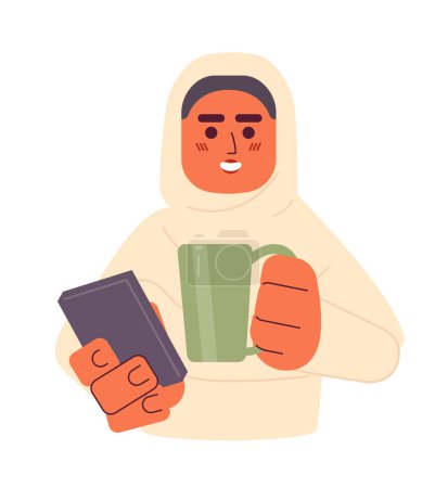 Téléchargez les illustrations : Hijab fille tenant le téléphone, boire du thé personnage de dessin animé 2D. Musulman jeune femme adulte isolé vecteur personne fond blanc. gadget de dactylographie, tasse à café. Style de vie moderne couleur plat spot illustration - en licence libre de droit