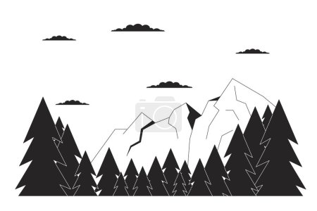 Ilustración de Paisaje cordillera pinos dibujos animados en blanco y negro ilustración plana. Estación de esquí cumbre 2D paisaje lineal aislado. Nubes sobre montañas primavera monocromo escena vector contorno imagen - Imagen libre de derechos