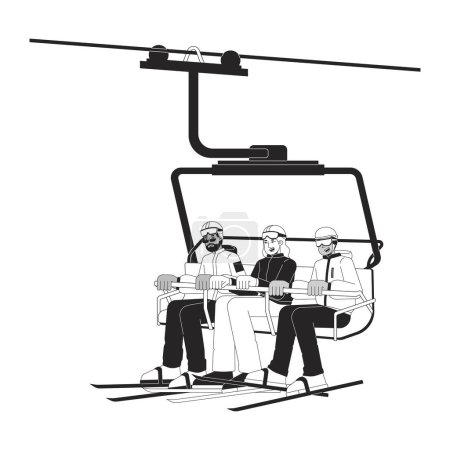 Illustration for Skiing warm clothing people on chairlift black and white 2D line cartoon characters. Elevator skiers isolated vector outline people. Winter sportsmen diverse monochromatic flat spot illustration - Royalty Free Image